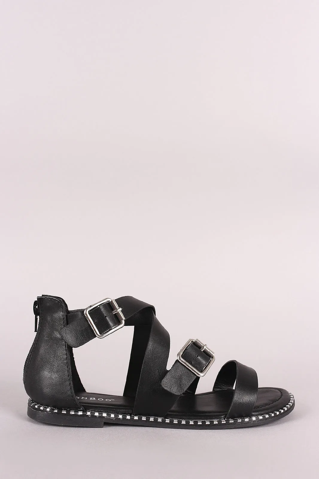 Bamboo Strappy Open Toe Metallic Trim Flat Sandal