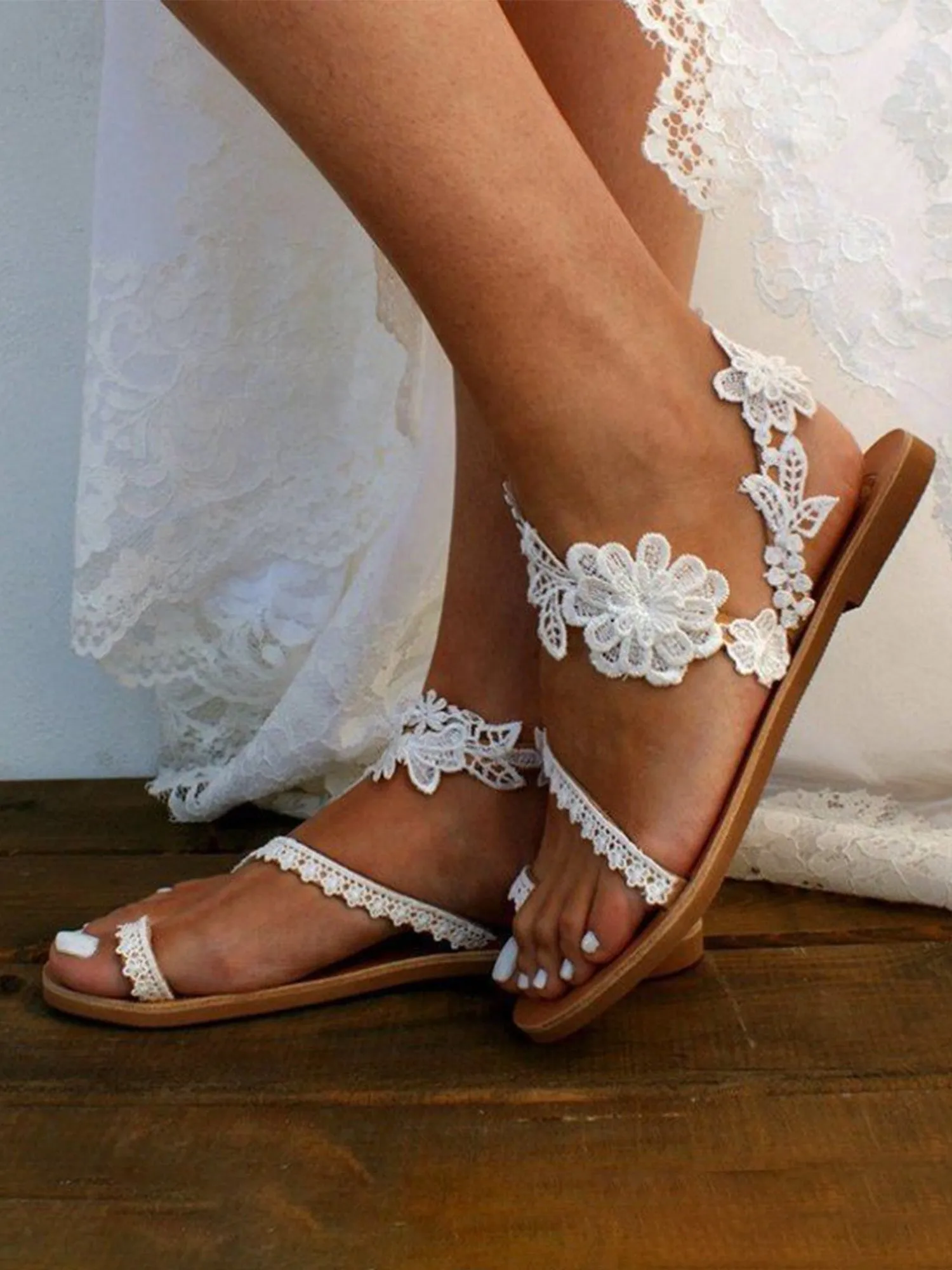 Boho Lace Open Toe Flat Heel Summer Beach Slip On Sandal