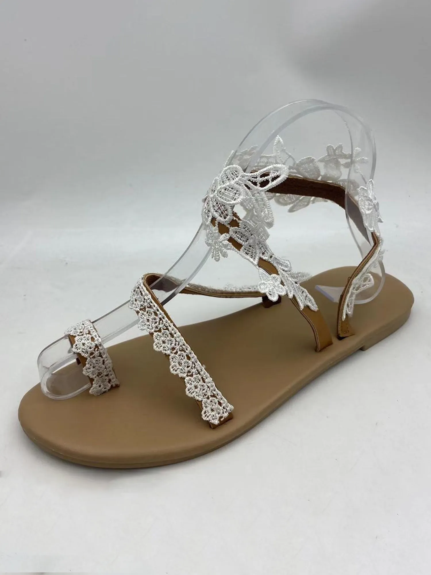 Boho Lace Open Toe Flat Heel Summer Beach Slip On Sandal