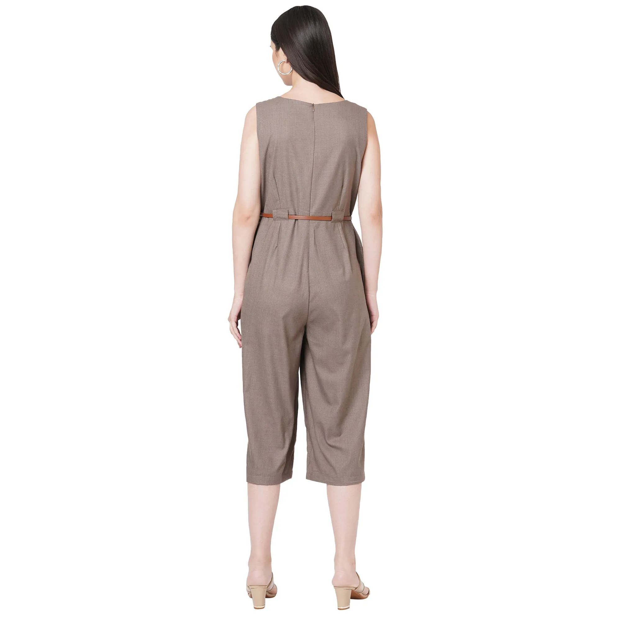 Coffee Round Neck Solid Jumpsuit