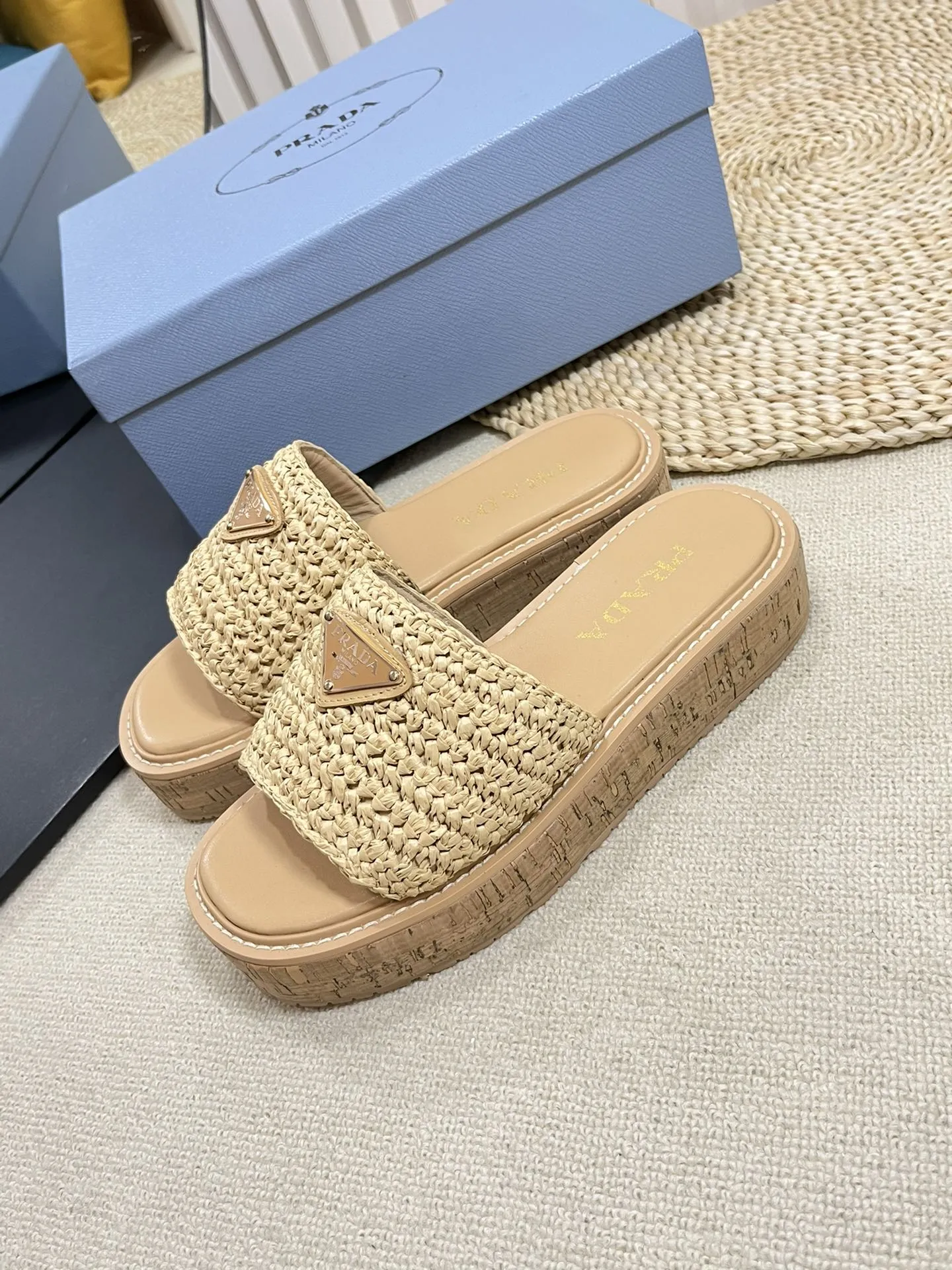 Crochet Flatform Slides 40 Lightweight Cork Sole Beige