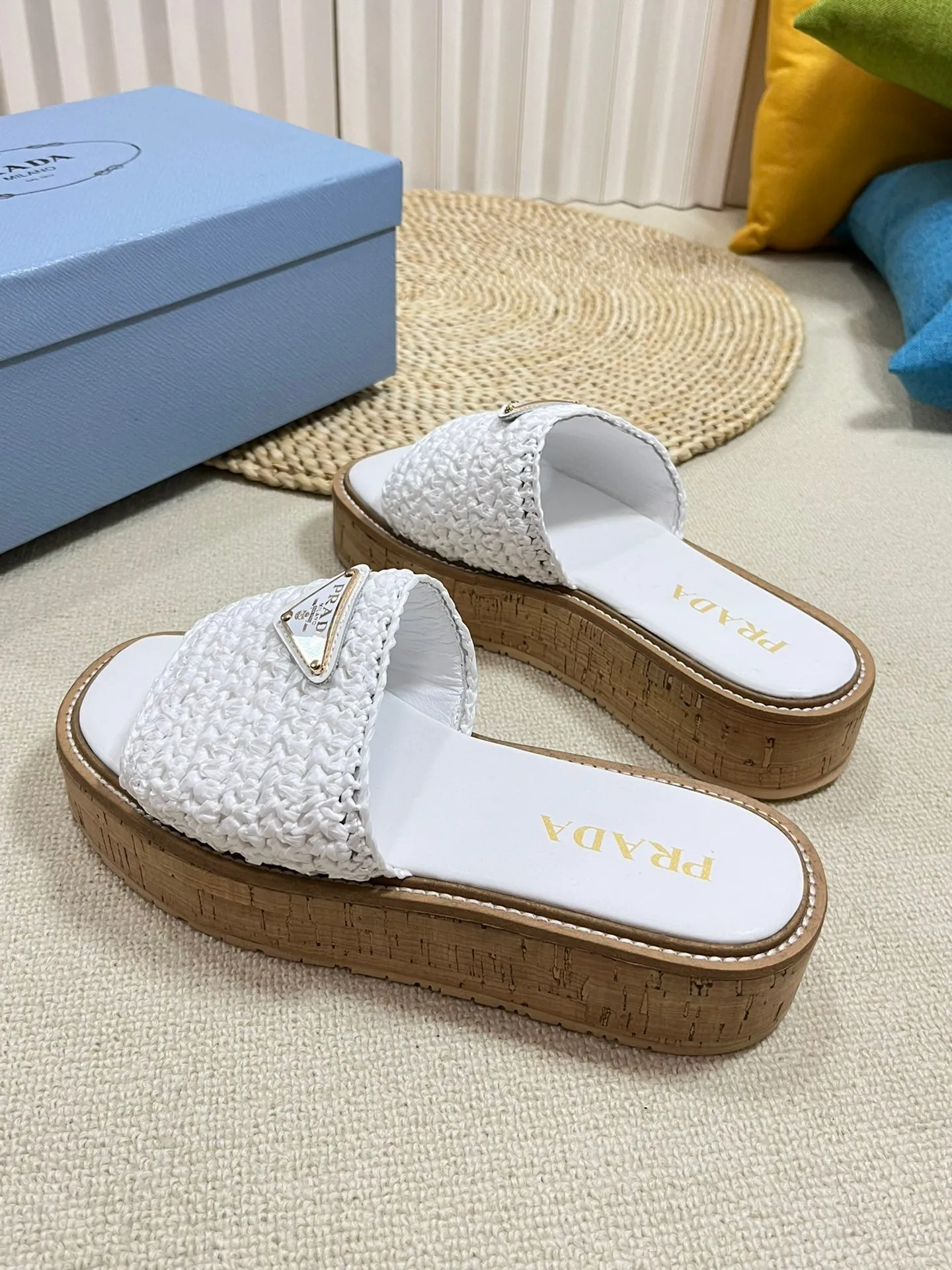 Crochet Flatform Slides 40 Lightweight Cork Sole White