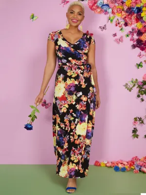 Floral-Print Short-Sleeve V-Neck Maxi Dress