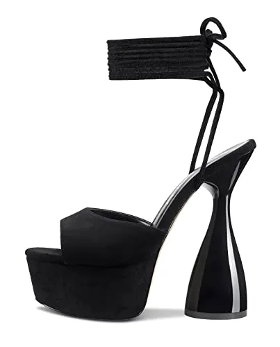 HDEUOLM Women High Heels Platform Ankle Strap Sandals Open Toe 6 Inch Chunky Heel Clear Heeled Plus Size Shoes Black Suede