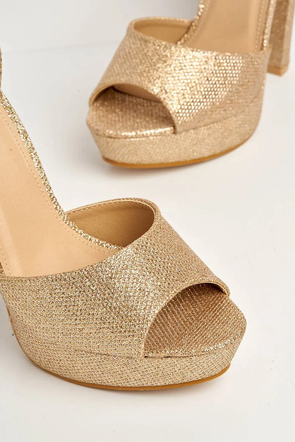 Kirti Anklestrap Platform Peeptoe in Champagne Mesh