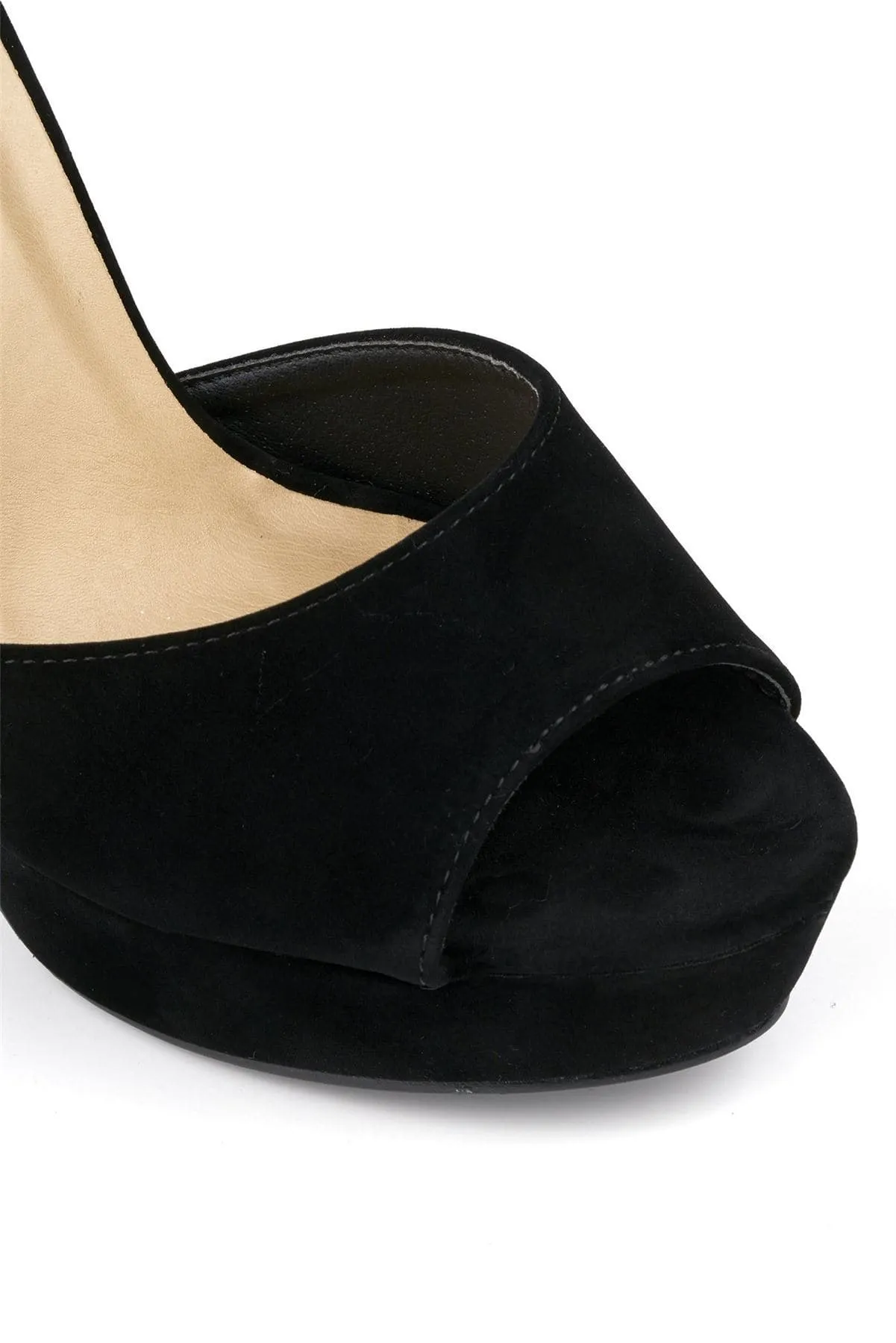 Kirti Anklestrap Platform Peeptoe Sandal in Black Suede