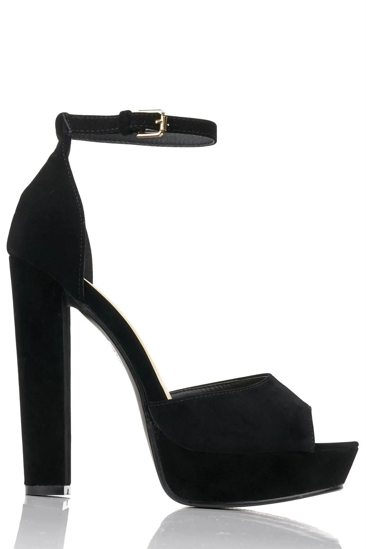 Kirti Anklestrap Platform Peeptoe Sandal in Black Suede