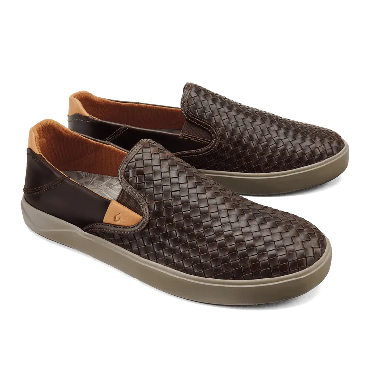 OluKai Men's Lae'ahi Lauhala Leather Slip Ons- Dark Wood