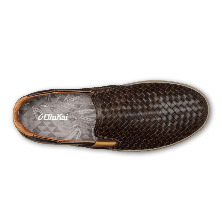 OluKai Men's Lae'ahi Lauhala Leather Slip Ons- Dark Wood