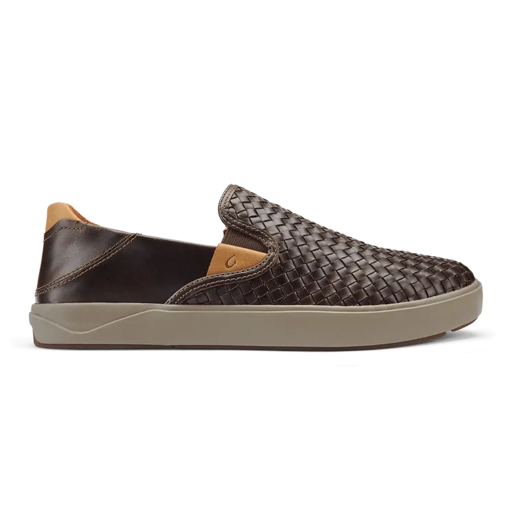 OluKai Men's Lae'ahi Lauhala Leather Slip Ons- Dark Wood