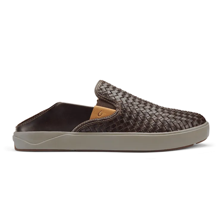 OluKai Men's Lae'ahi Lauhala Leather Slip Ons- Dark Wood