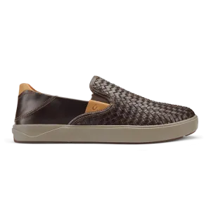 OluKai Men's Lae'ahi Lauhala Leather Slip Ons- Dark Wood