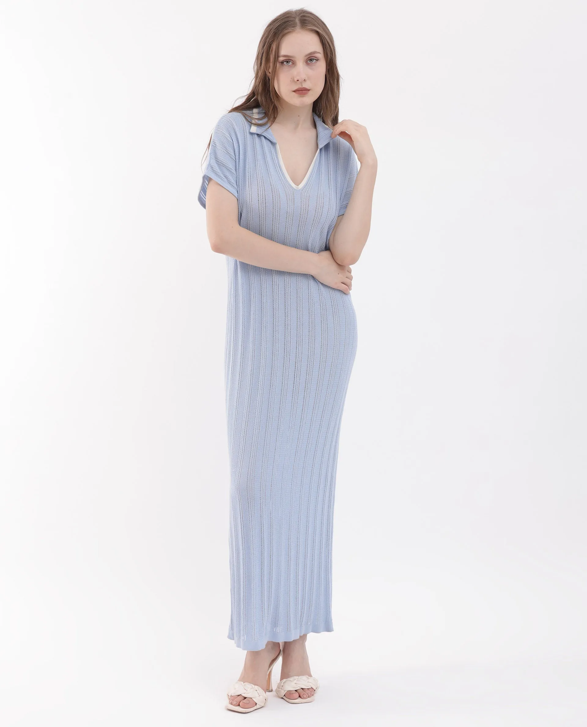 Rareism Women Meyora Light Blue Cotton Fabric Short Sleeves Johnny Collar Extended Sleeve Regular Fit Plain Maxi Dress