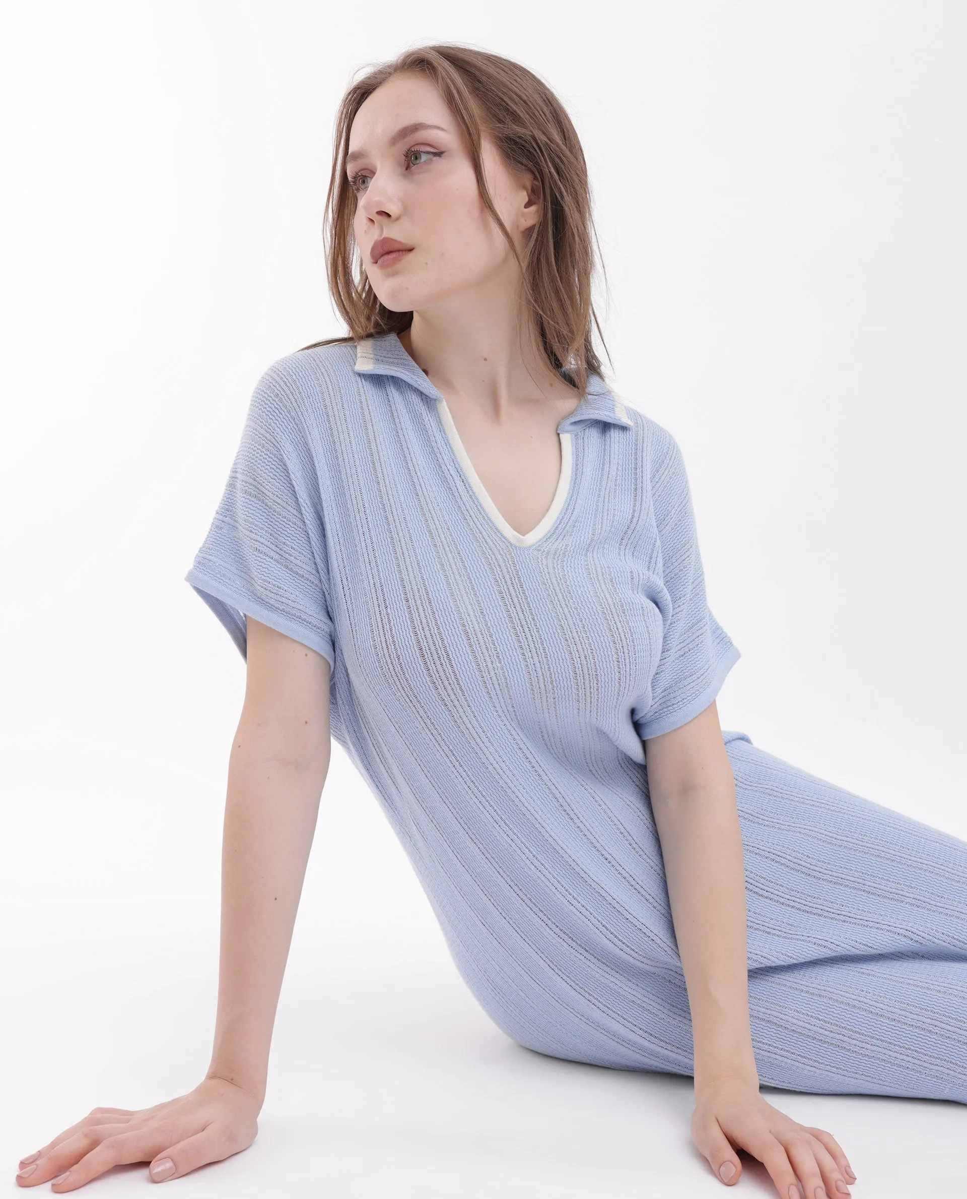 Rareism Women Meyora Light Blue Cotton Fabric Short Sleeves Johnny Collar Extended Sleeve Regular Fit Plain Maxi Dress