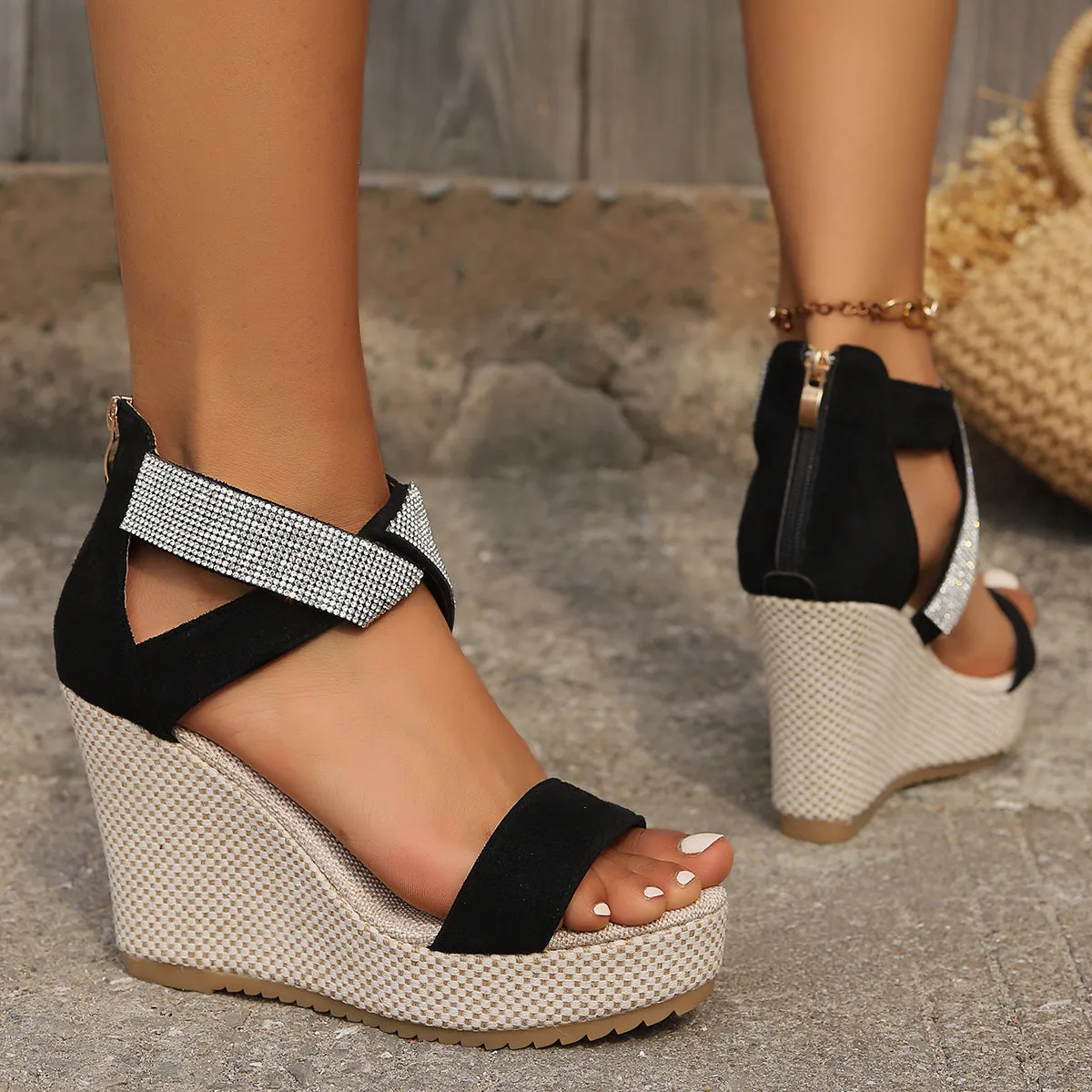 Rhinestone Fish Mouth High Wedges Platform Sandals