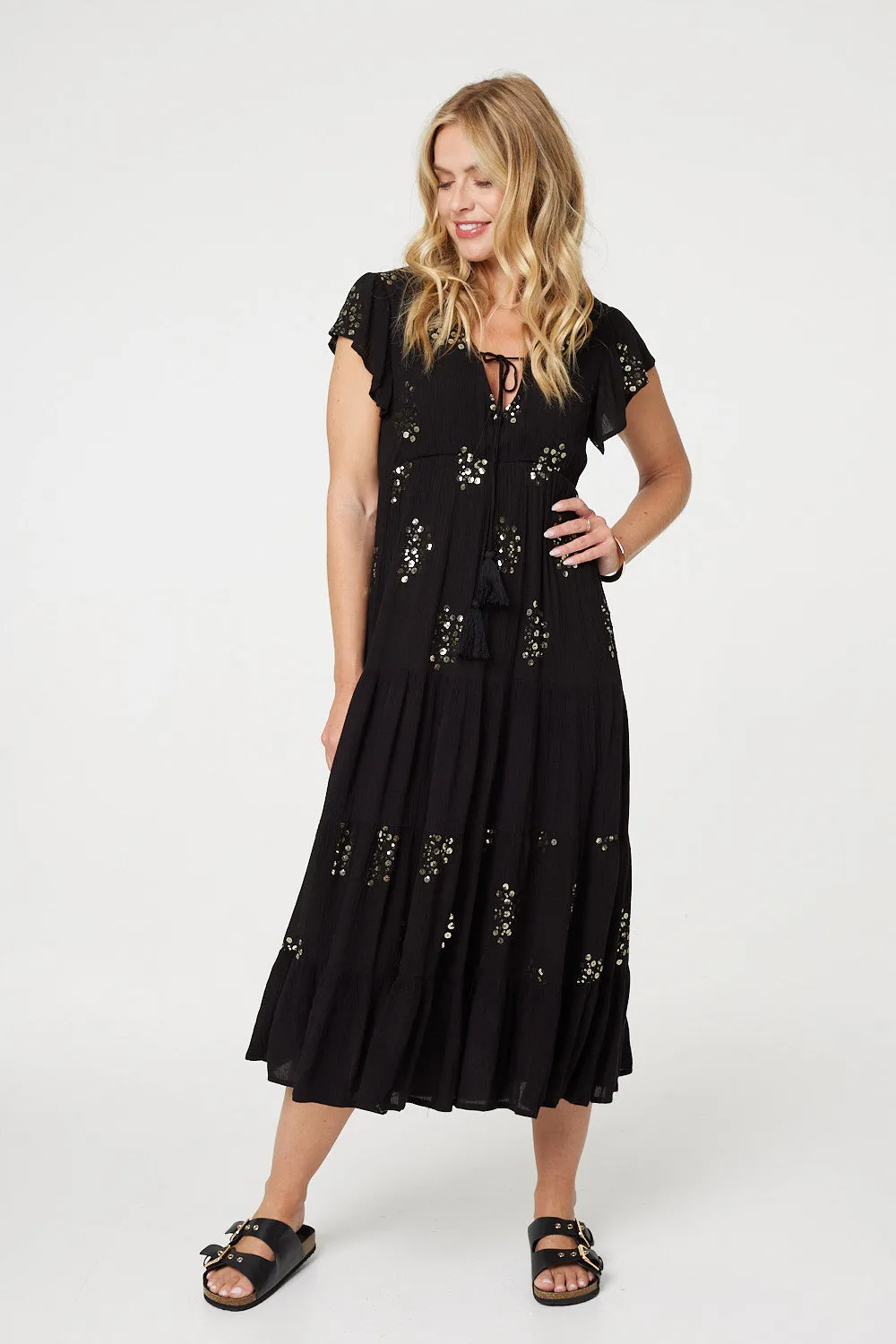 Sequin Detail Tie Neck Relaxed Maxi Dress