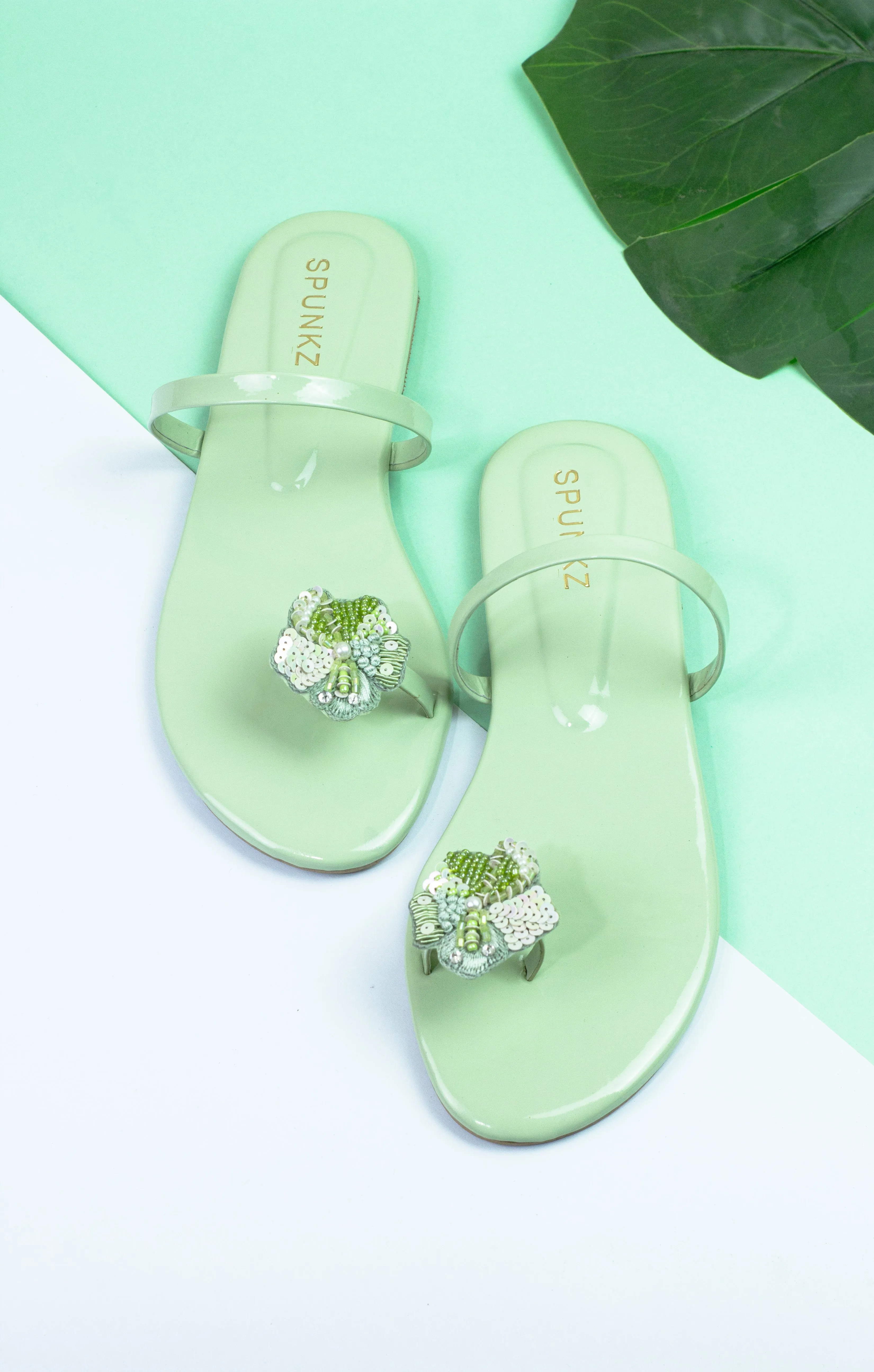 Spunkz Vibrant Green Floral Sequins Embellished Flat Sandals