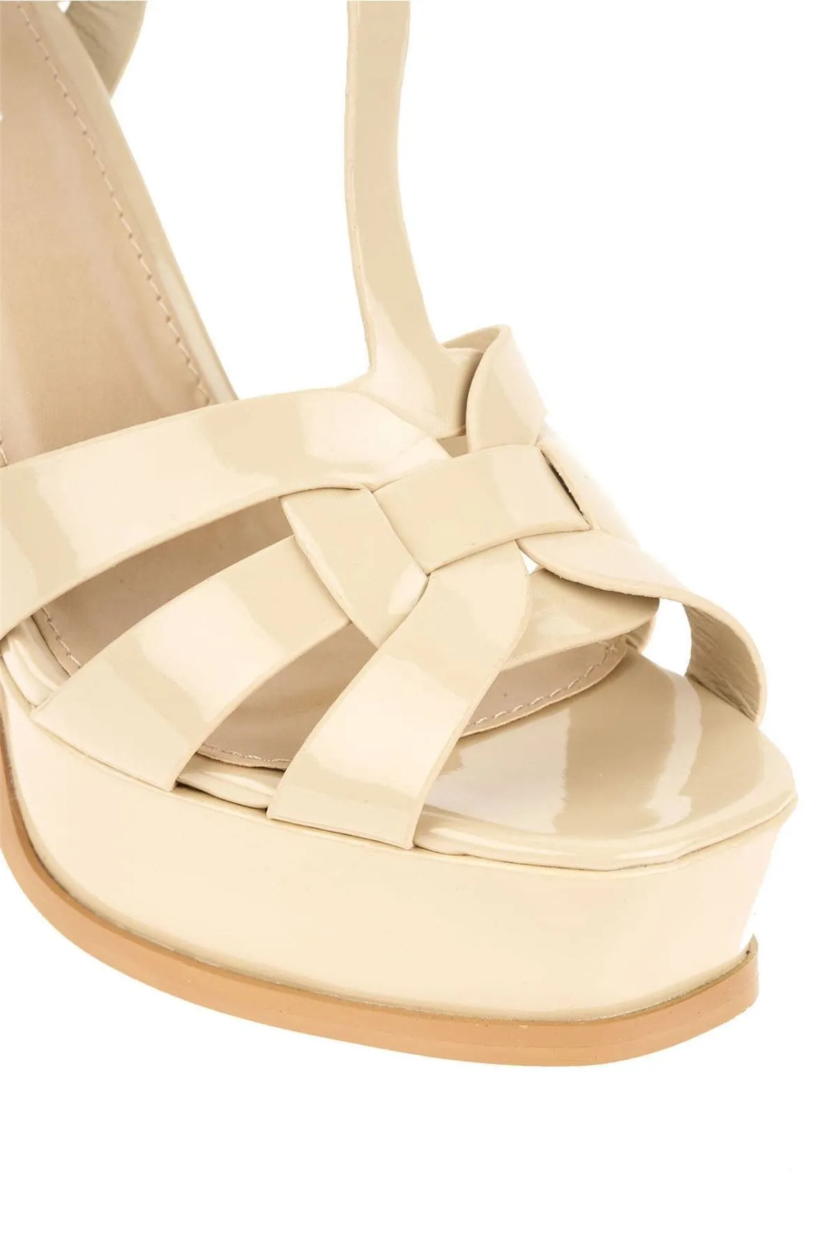 Tani High Platform T-Bar Sandals in Nude Patent