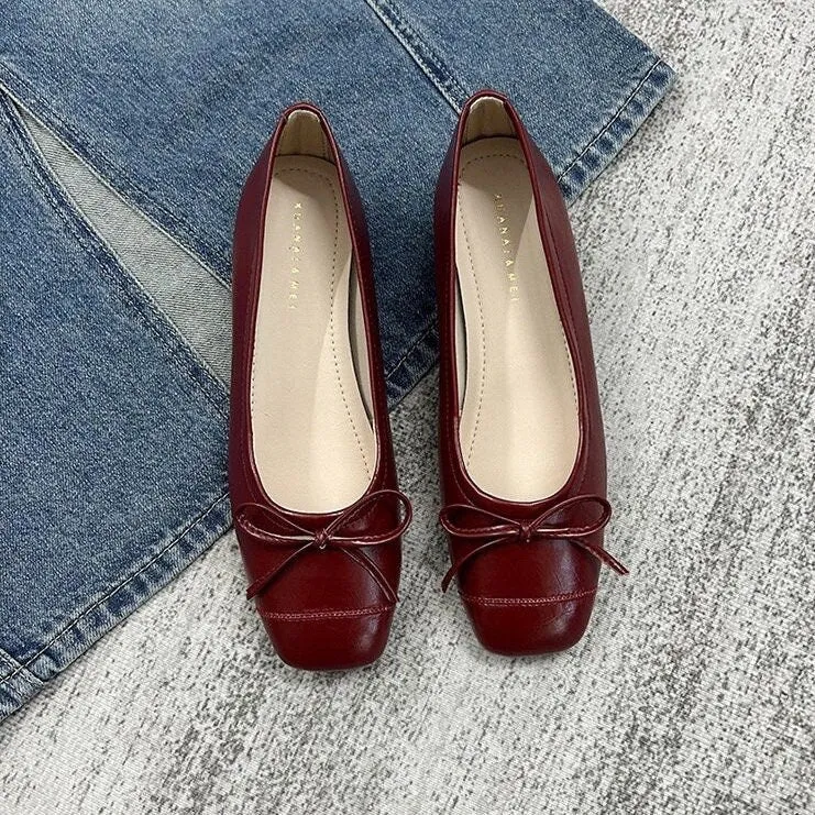 Women Cute Mary Jane Shoes, Vintage Heels Shoes, Ballerina Retro Square Toe Flats Heels, Ballet Slip Ons Red Apricot Black Shoes