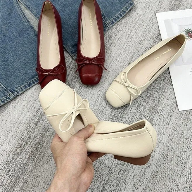 Women Cute Mary Jane Shoes, Vintage Heels Shoes, Ballerina Retro Square Toe Flats Heels, Ballet Slip Ons Red Apricot Black Shoes