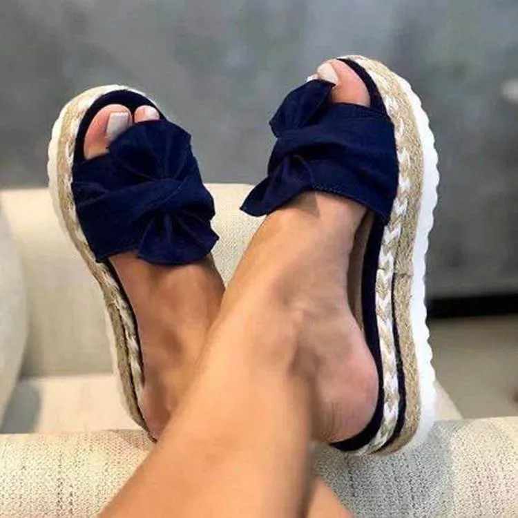 Women Peep Toe Slides Bowknot Slingback Espadrille Beach Platform Heel Shoes