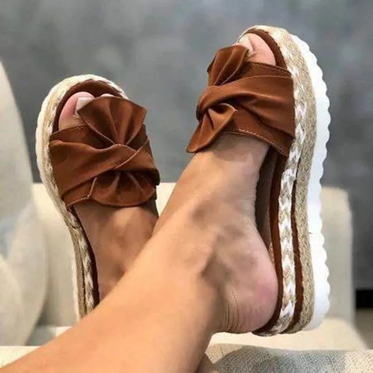 Women Peep Toe Slides Bowknot Slingback Espadrille Beach Platform Heel Shoes